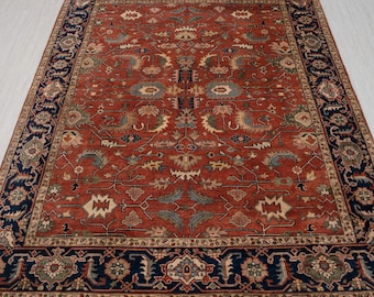 8x10 9x12 Vintage Persian Style Inspired Red Rust Navy Fine Quality Hand Knotted Soft Wool Rug