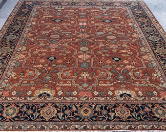 Red/Rust Navy Vintage Persian Reproduction Rug, Design Inspired By Collection Of Antique & Vintage Carpets Victoria And Albert Museum London