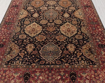 9x12 Vintage Persian Style Inspired Navy Blue Rust Fine Quality Hand Knotted Soft Wool Rug |