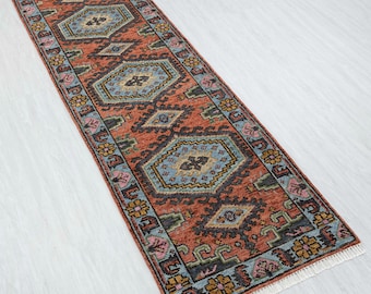 Persian Runner Rug Rust Blue Hand Knotted Soft Thick Plush Feel Wool Staircase Runner / Hallway Rug, CUSTOMIZE in any SIZE