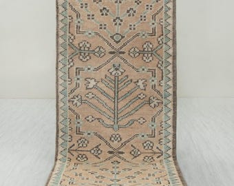 May include: A rectangular, beige runner rug with an intricate geometric pattern. The design features repeating floral and tree-like motifs in shades of brown and teal. The rug has a brown border and is displayed on a light-colored surface.