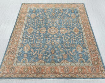8x10 Teal Blue Rust Persian Inspired Hand Knotted Rug, 8x10 Blue Wool Rugs, Blue Turkish Rugs