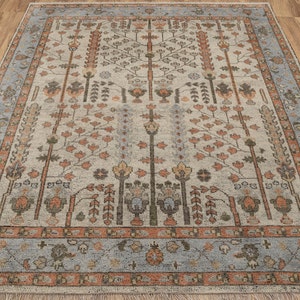 8x10 Cream Blue Hand-Knotted Classic Tree Pattern Wool Oushak Area Rug