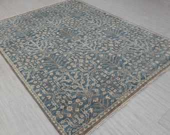 Large Area Blue Oushak Rug, Plush Feel Wool Hand Knotted Custom Size Rug