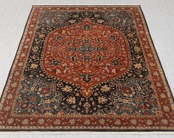 Classic Persian Serapi Red Rust Charcoal Wool Fine Quality Weave Hand Knotted Area Rug