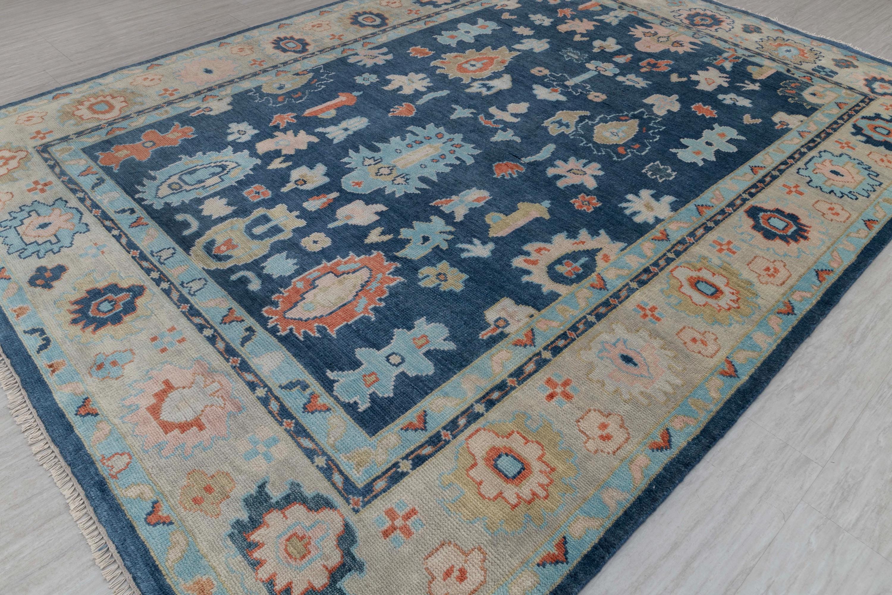 9x12 Blue Colorful Oushak Premium Wool Hand Knotted Turkish Inspired Rug