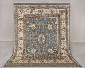Alfombra moderna Oushak de lana suave anudada a mano, de 8 x 10 pulgadas, color gris marfil y crema, para sala de estar o dormitorio.