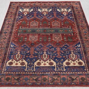 Red Rust Blue Traditional Persian Style Hand Knotted Soft Wool Rug, Multiple Sizes Available