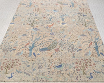 Gray Colorful Birds & Peacocks Garden View Soft Wool Fine Quality Hand Knotted Rug, CUSTOMIZE in any SIZE