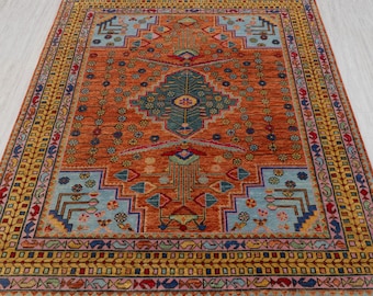 Vintage Persian Design Inspired Rust Colorful Hand-Knotted Soft Quality Wool Rug, CUSTOMIZE in any SIZE