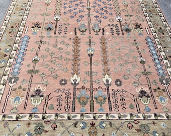 Tappeto persiano rosa con albero della vita, moderno, in morbida lana, in stile turco, Ushak, PERSONALIZZABILE in qualsiasi dimensione, spedizione gratuita