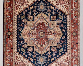 Taj Mahal Serapi Reproduction Navy Blue Rust High KPSI Hand Knotted Soft Wool Rug, Multiple Sizes Available