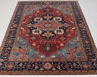 9x12 Taj Mahal Vintage Persian Serapi Reproduction High KPSI Red Blue Hand Knotted 100% Wool Carpet