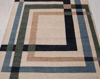 8x10 Modern Rug Beige Geometric Pattern Soft Quality Wool Rug Hand Knotted Rug