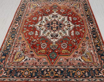 Persian Heriz Serapi Design Red Navy Blue Soft Quality Wool Hand-Knotted Rug, CUSTOMIZE in any SIZE