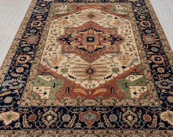 Classic Persian Serapi Heriz Cream Rust Navy Blue High Quality Hand Knotted Premium Wool Rug
