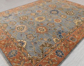 Traditional Turkish Oushak Blue Gray Rust Fine Quality Wool Hand Knotted Oriental Rug, CUSTOMIZE in any SIZE