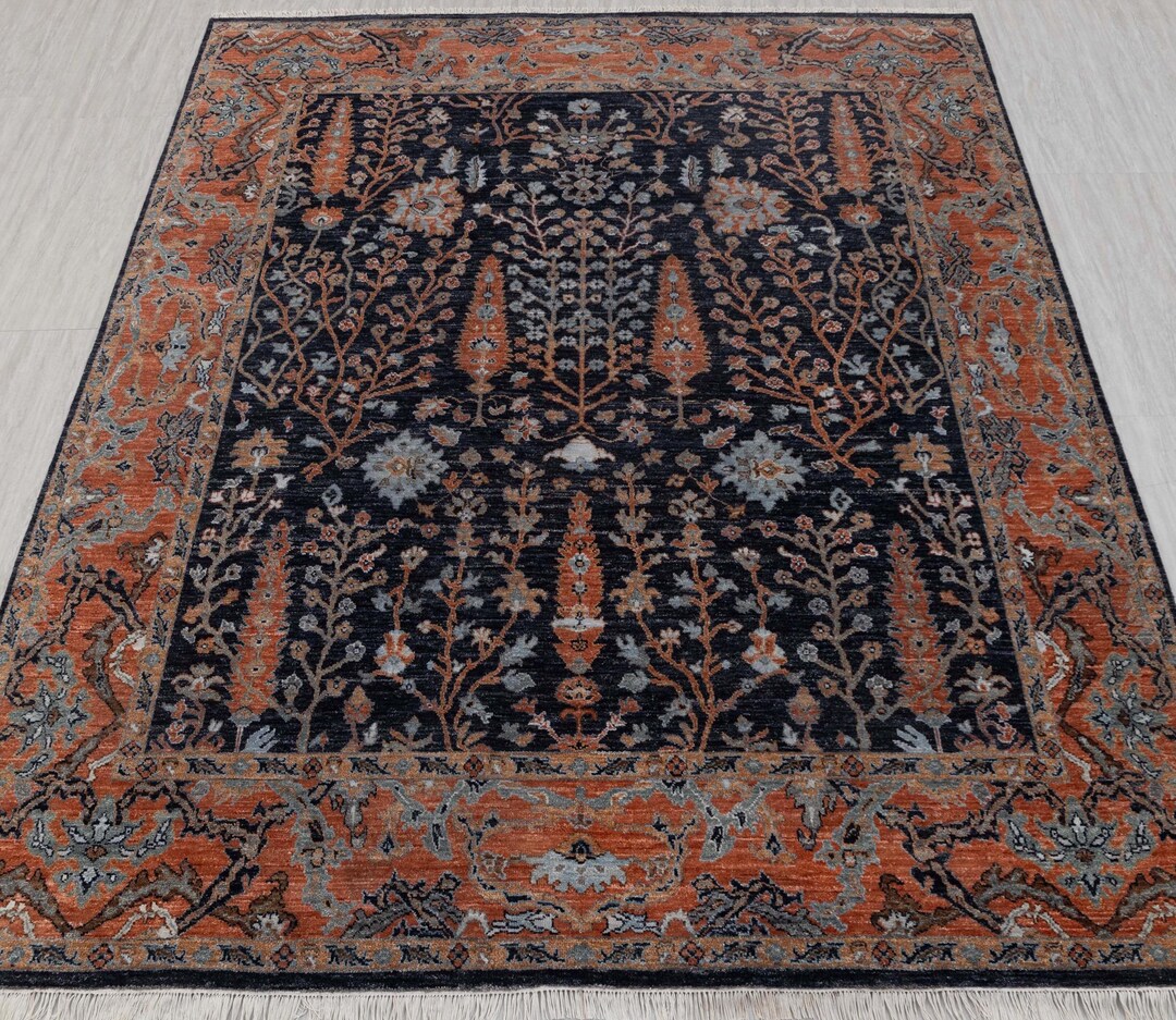 Persian Cypress Tree Navy Blue Rust High Quality Hand Knotted Soft Wool ...