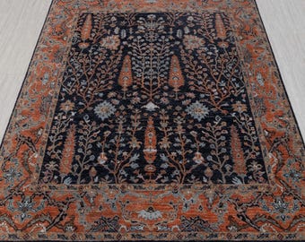 Persian Cypress Tree Navy Blue Rust High Quality Hand Knotted Soft Wool Turkish Oushak Rug, CUSTOMIZE in any SIZE