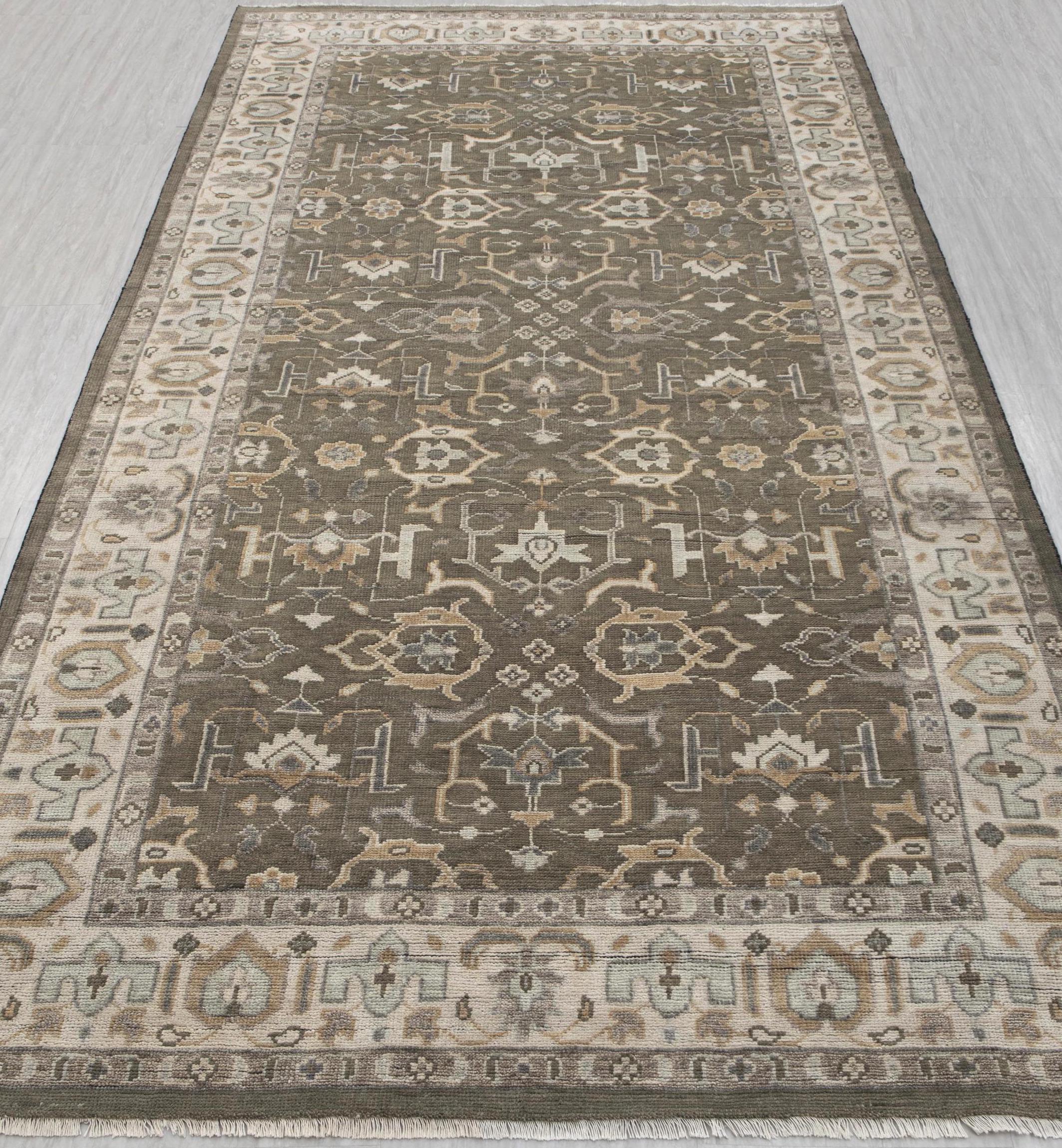 Alfombra de diseño persa de 7 x 14 pulgadas, color verde oliva y gris, moderna alfombra Oushak anudada a mano de lana suave de calidad