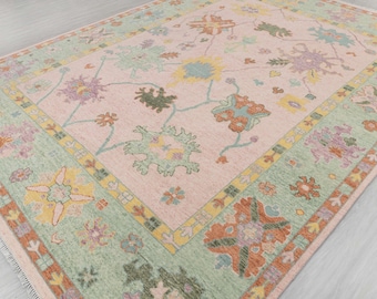 9x12 Pink Green Wool Oushak Rug, Soft Colors Hand Knotted Area Rug For Living Room / Bedroom, CUSTOMIZE Size Available