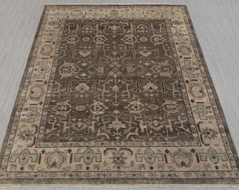 8x10 Persian Style Rug Olive Green Beige Soft Quality Wool Hand Knotted Turkish Inspired Rug