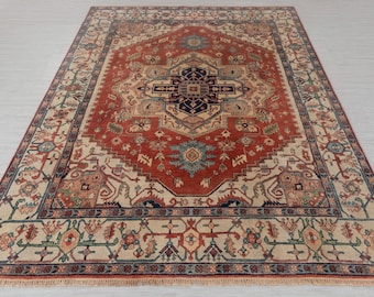 Vintage Persian Serapi Look Rust Beige Fine Weave Hand Knotted Wool Rug
