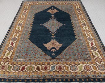 9x12 10x14 Classic Persian Serapi Navy Blue Gold Premium Quality Wool Hand Knotted Large Area Rug