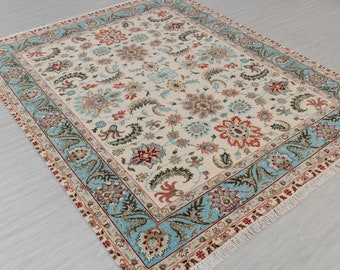 Dywan designerski w stylu perskim, 8x10, w kolorze kości słoniowej, z kolorowym kwiatowym wzorem | Dywan do dekoracji wnętrz | Dywan z wełny 100% tkany ręcznie, wysokiej jakości, ręcznie przędzony, DARMOWA WYSYŁKA - 24