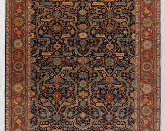 Navy Rust Authentic Vintage Persian Reproduction Rug, Inspired By Collection Of Antique & Vintage Carpets Victoria And Albert Museum London