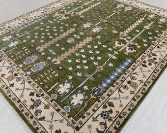 Classico tappeto persiano con albero della vita, verde scuro, avorio, moderno, in morbida lana, stile turco Oushak, PERSONALIZZABILE in qualsiasi dimensione