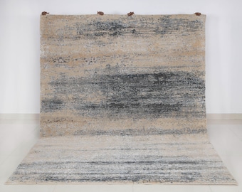 8x10 Wool & Silk Gray Silver Modern Abstract Hand Knotted Soft Quality Rug