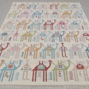 Ivory Cream Colorful Camels Design Soft Quality Wool Hand Knotted Oushak Rug, CUSTOMIZE in any SIZE
