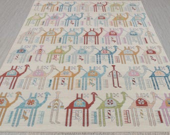 Ivory Cream Colorful Camels Design Soft Quality Wool Hand Knotted Oushak Rug, CUSTOMIZE in any SIZE