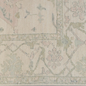 May include: A beige rug with a floral pattern in shades of pink and green. The rug has a border with a repeating design.