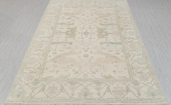 Cream Green Pink Muted Look Turkish Oushak Hand Knotted Soft Quality Wool Custom Size Rug