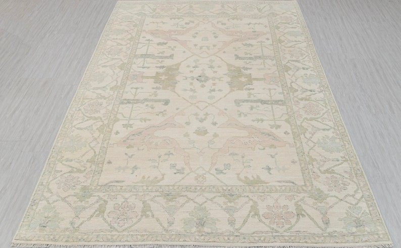 May include: A beige area rug with a traditional Persian design in shades of pink, green, and brown. The rug has a detailed border with floral motifs.