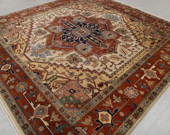 Fine Quality Persian Serapi Heriz Ivory Rust Premium Wool Hand Knotted Rug, Multiple Sizes Available