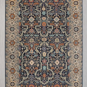 Navy Blue Cream Retro Mahal Design Classic Persian High Quality Rug Hand Knotted Soft Wool Rug, CUSTOMIZE in any SIZE
