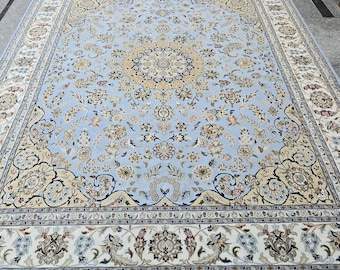 Persian Indo Medallion Nain Tabriz Blue Ivory Meticulously Hand Knotted Super Fine Weave Wool & Silk Rug