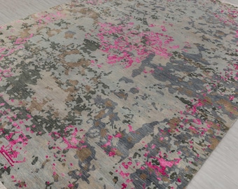 10X14 Gray Pink Wool & Silk High KPSI Modern Abstract Look Hand Knotted Soft Feel Rug
