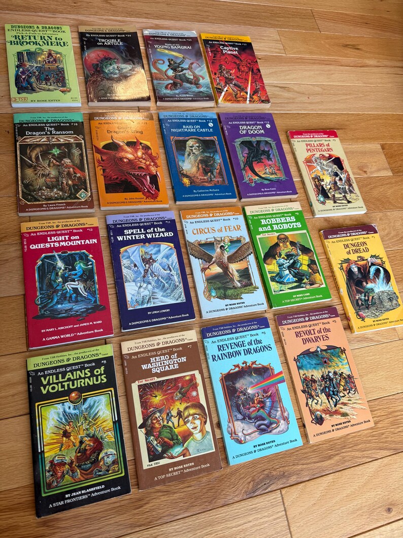 May include: A collection of vintage "Dungeons & Dragons" adventure books. The covers feature colorful illustrations of dragons, wizards, and fantasy scenes. Titles include "Return to Brookmere," "Dragon's Ransom," and "Revolt of the Dwarves."