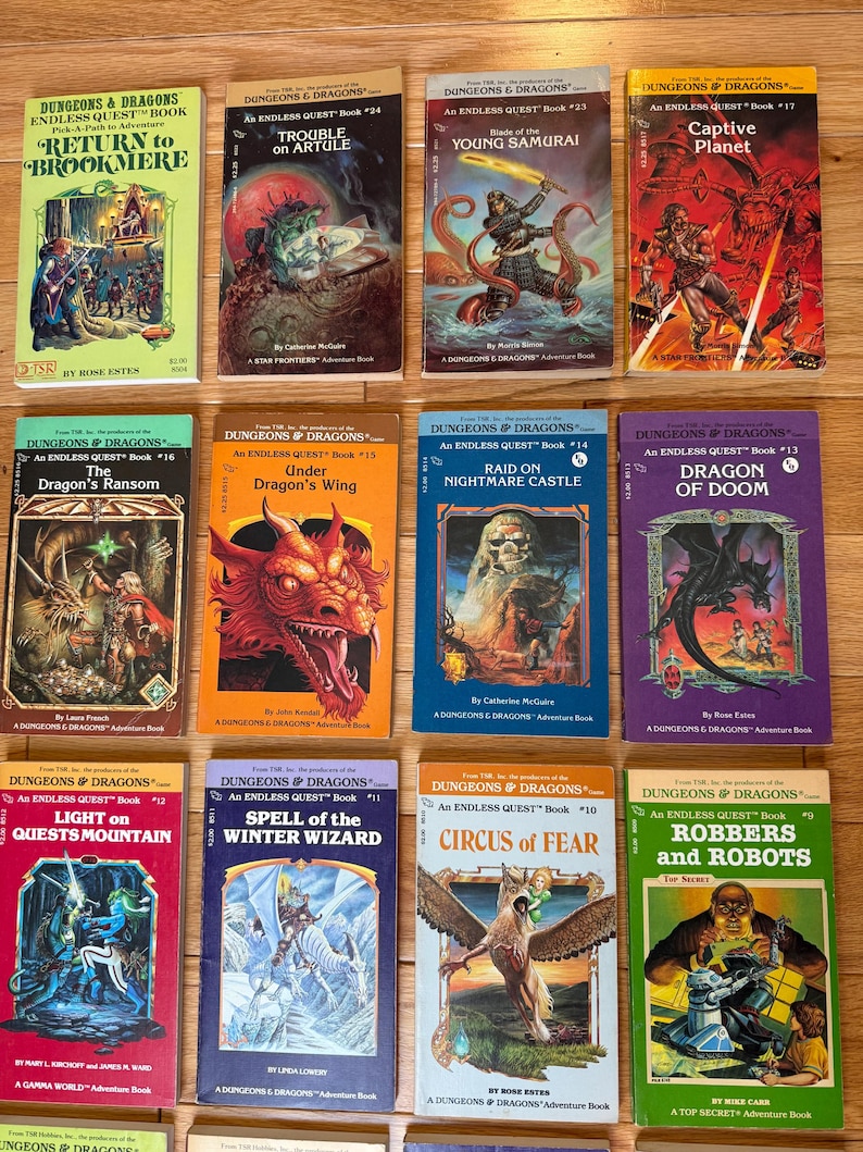 May include: A collection of vintage "Dungeons & Dragons" Endless Quest adventure books. The covers feature colorful illustrations of fantasy scenes, including dragons, wizards, and samurai. Titles include "Return to Brookmere" and "Dragon of Doom."
