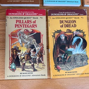 May include: Two vintage "Dungeons & Dragons" adventure books. One is titled "Pillars of Pentegarn" and the other "Dungeon of Dread." Both books feature colorful illustrations of fantasy scenes with characters and monsters. The books are in good condition.