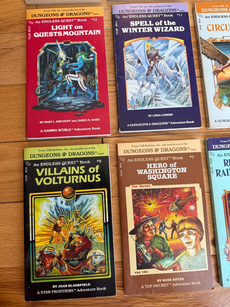 May include: A collection of vintage "Dungeons & Dragons" adventure books. Titles include "Light on Quests Mountain," "Spell of the Winter Wizard," "Villains of Volturnus," and "Hero of Washington Square." The books feature colorful fantasy illustrations and text.