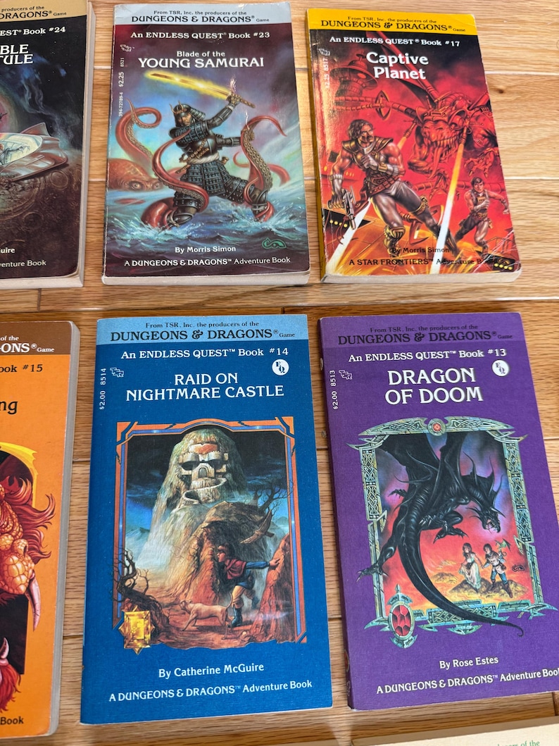 May include: A collection of vintage "Dungeons & Dragons" adventure books. The covers feature fantasy illustrations of samurai, dragons, and other creatures. Titles include "Blade of the Young Samurai," "Captive Planet," "Raid on Nightmare Castle," and "Dragon of Doom."