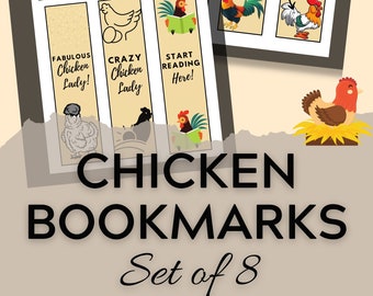Chicken bookmarks, set of 8 bookmarks, Printable bookmarks, Chickens, Bookmark set, Chicken tags, Funny chicken sayings, Farm bookmarks