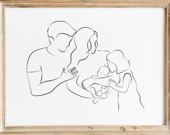 Family with Children Line Art, Newborn and Big Sister Wall Art, Mom Dad Daughter, Printable Art