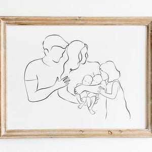 Family with Twins Line Art, Newborn Twins Print, Mom Dad Doughter, Minimalist Line Drawing, Printable Wall Art