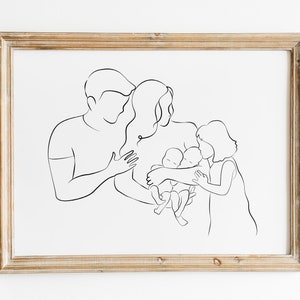 Familie met tweeling zeer fijne tekeningen, pasgeboren tweeling print, moeder vader dochter, minimalistische lijntekening, afdrukbare muurkunst